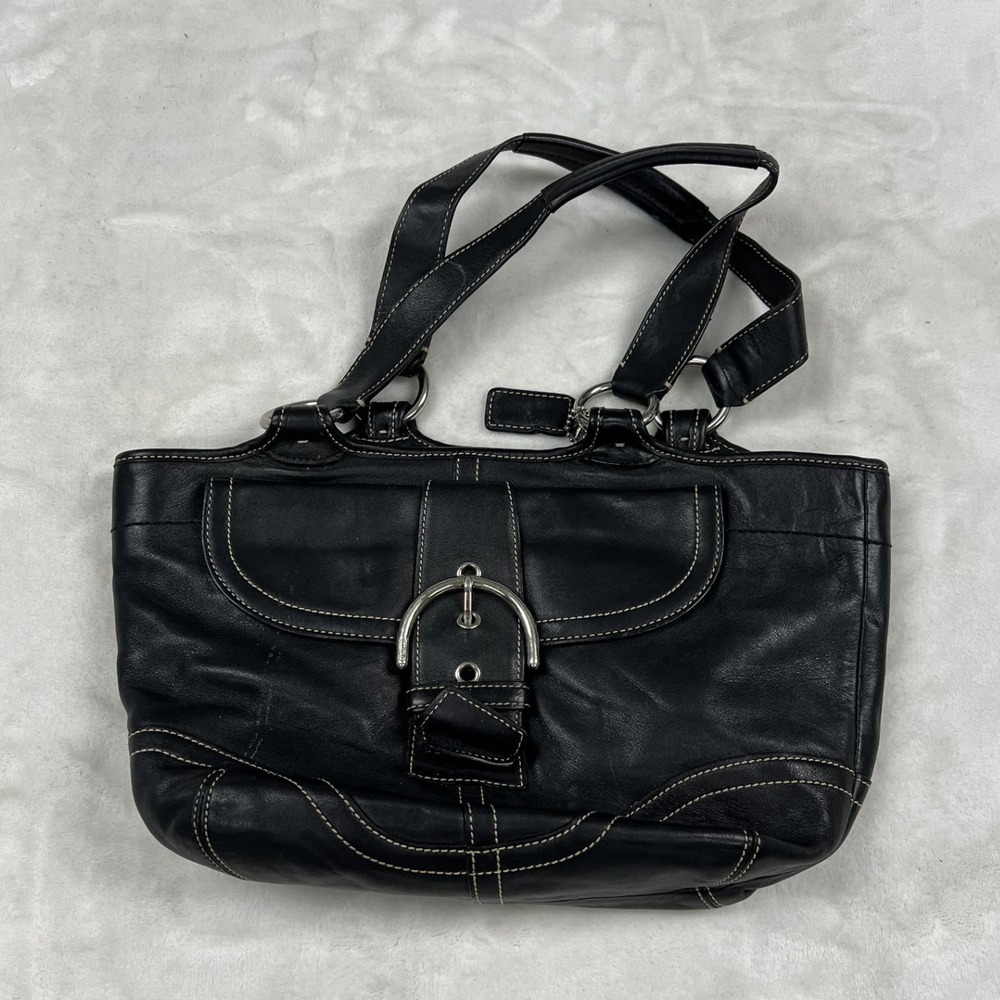 Coach Soho Shoulder Bag Womens Medium Black Leather Buckle Flap Contrast Stitch